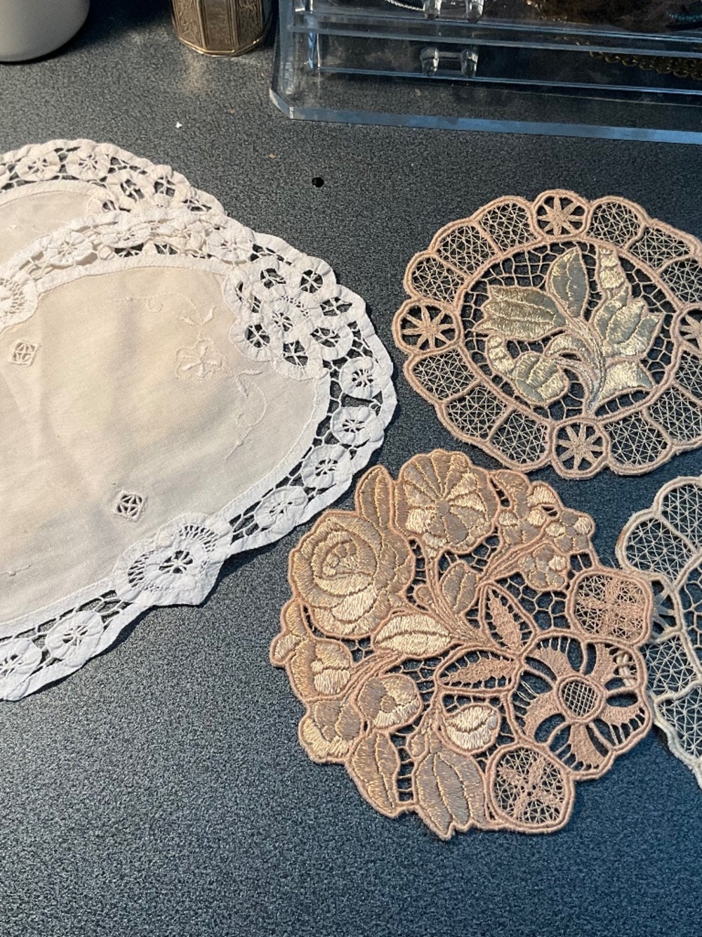 5 Venetian Ecru Lace Vintage Doilies